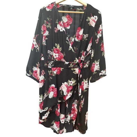 Torrid Georgette Wrap Tunic Top Blouse‎ Black Floral 3/4 Sleeves Size 2 - 2XL - Picture 3 of 8